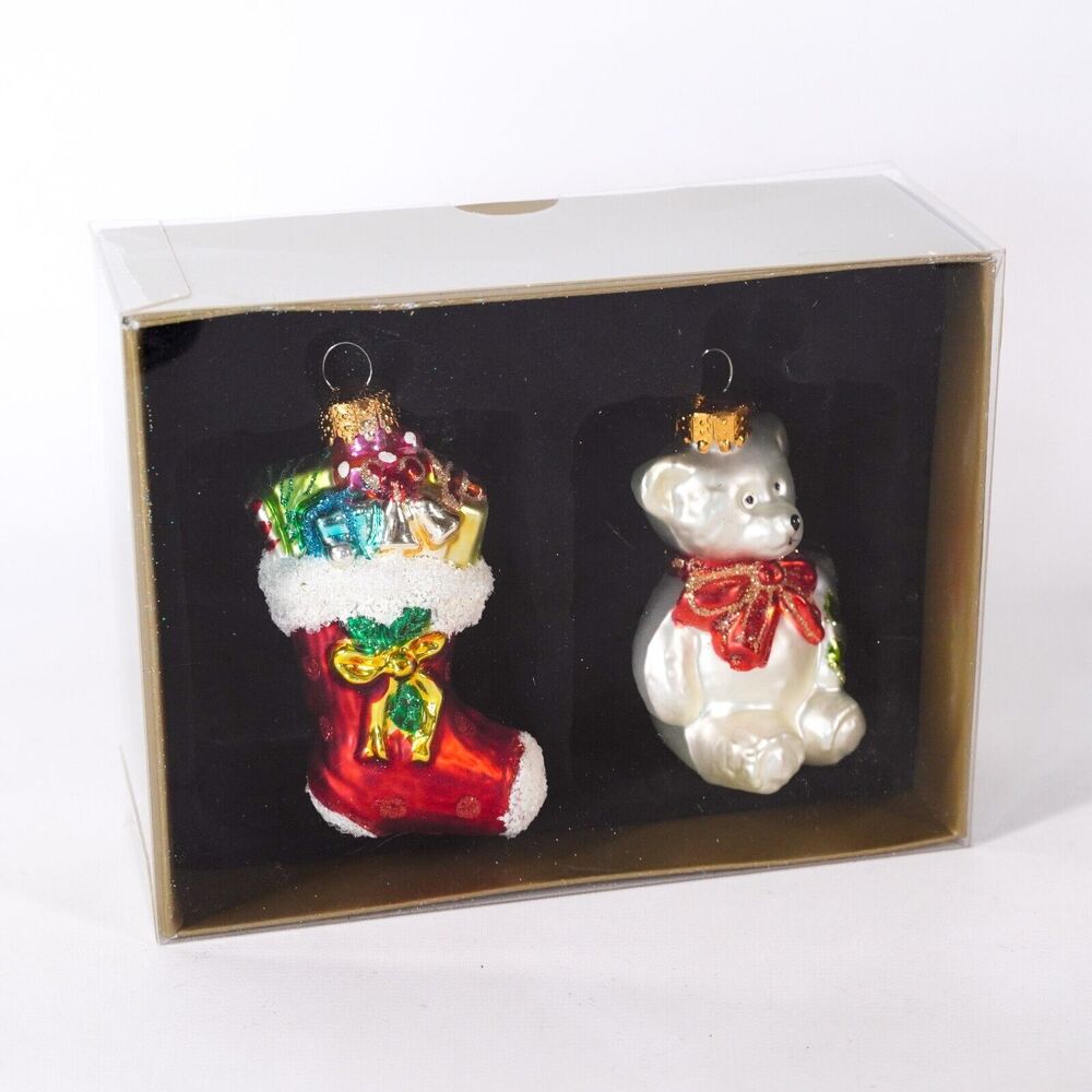 2 Holiday Christmas Tree Ornament X-Mas White Polar Bear Stocking Gifts Presents